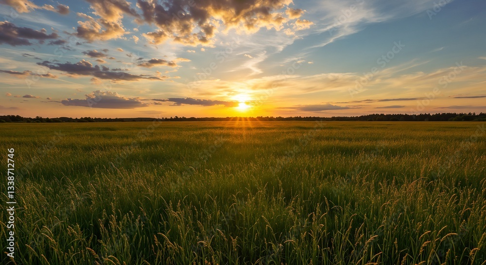 Fototapeta premium Sunset Tall Grass Field Peaceful Serene Landscape