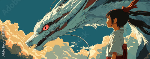 Young girl gazes at majestic white dragon amidst clouds in a fantasy setting.