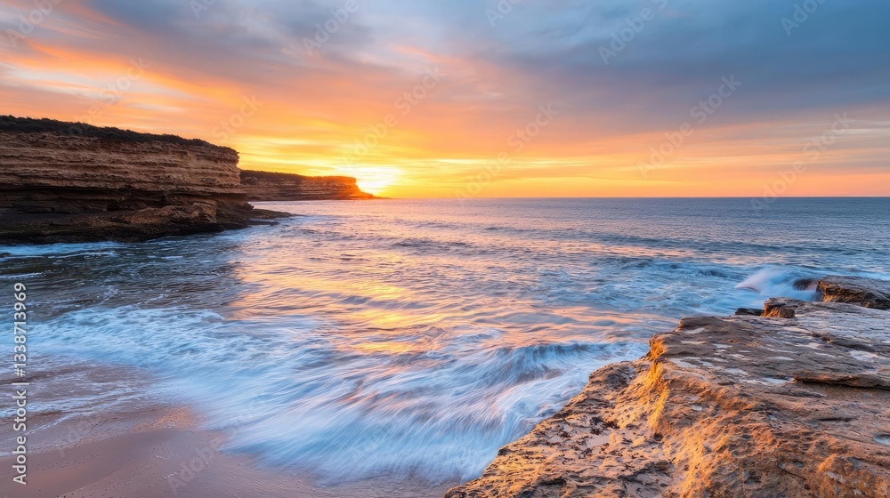 Obraz premium Beach waves landscapes idea. Scenic coastal sunset with waves crashing against rocky cliffs creating a serene atmosphere.