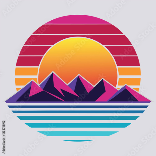 Futuristic landscape with glowing sun behind mountains with a wave aesthetic