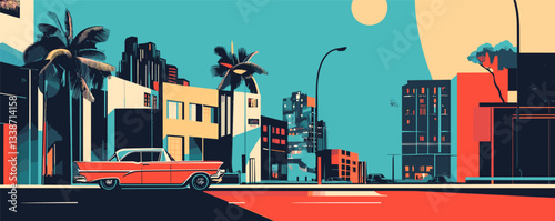 Retro urban scene with vintage car under bright sun in a stylized cityscape.