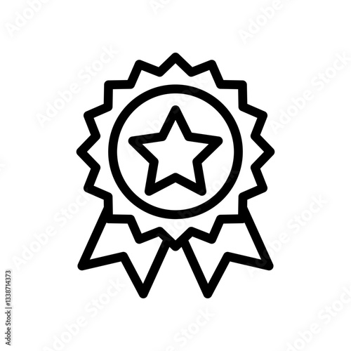 A black and white outline illustration featuring a medal with a star and ribbons. Perfect for reward-related graphics and award-winning designs.