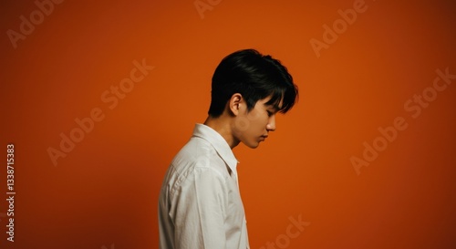 Profile of a young man in a white shirt against an orange background, capturing a moment of contemplation.