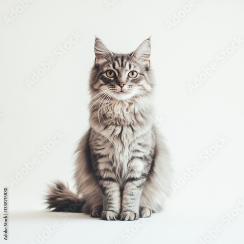 Majestic gray Maine Coon cat sitting elegantly against a minimalist white backdrop