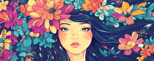Artistic portrait of woman with vibrant flowers in hair surrounded by colorful blossoms.