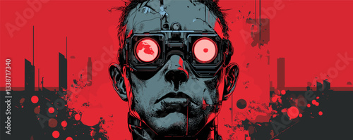 Futuristic cyborg with red glowing eyes in a sci-fi urban landscape.