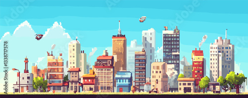 Pixel art cityscape with skyscrapers and flying vehicles under clear sky.