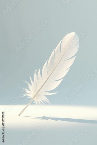 A single feather falls gently on a pristine white surface, soft, tranquil, airy