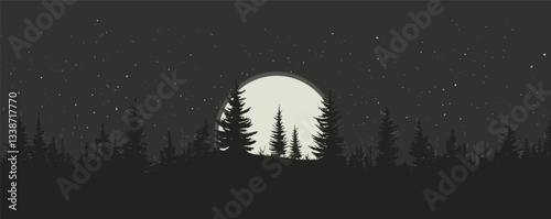 Silhouette of pine trees under full moon and starry night sky.