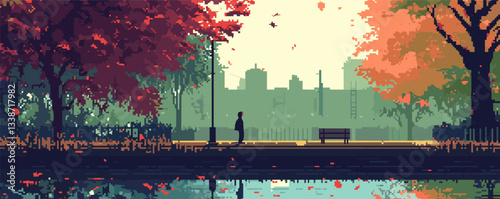 Solitary figure walking along autumn path in dynamic pixel art cityscape.