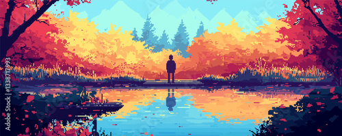 Serene autumn lake reflection with silhouetted person and vibrant foliage in a pixel art landscape.