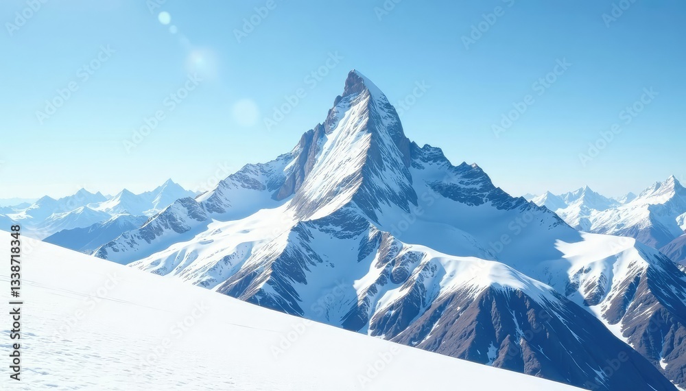 Fototapeta premium Snow covered mountain peak, pristine white landscape, clouds, serene, nature