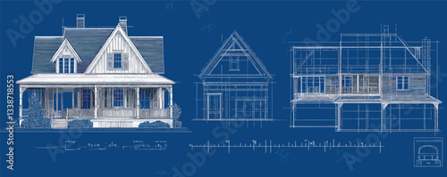 Charming victorian house blueprint with architectural design elements and detailed floor plan.