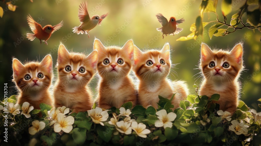Fototapeta premium Five adorable ginger kittens curiously watching colorful birds in a lush, sunlit garden