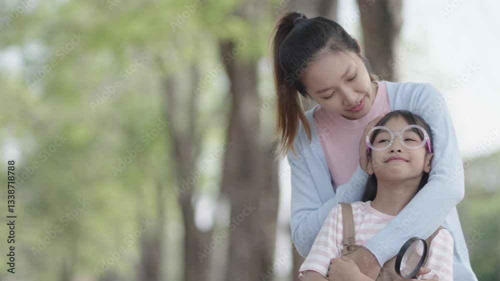 Mother and daughter happily walking in the forest together. Mother and daughter happily walking in the forest together.
