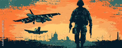 Silhouette of soldier with aircraft and orange sky at sunset in military scene.