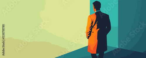 Pensive man in orange coat standing in colorful modern abstract background.