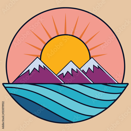 Futuristic landscape with glowing sun behind mountains with a wave aesthetic