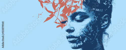 Artistic portrait of woman with abstract floral elements in blue and red tones.
