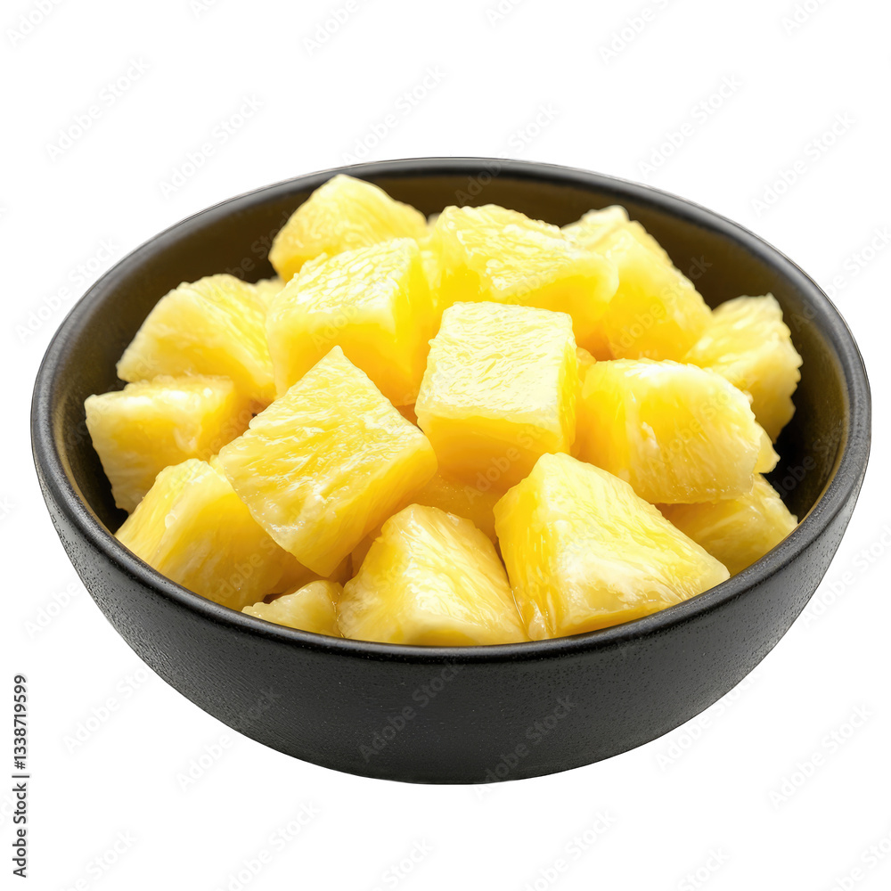 Canned pineapple chunks on black bowl isolated on transparent background Canned pineapple chunks on black bowl isolated on transparent background
