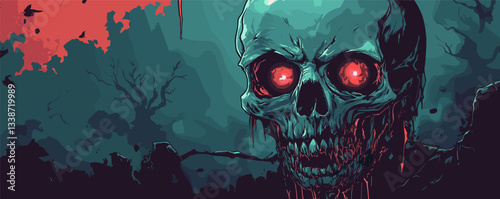 Eerie scene with glowing skull in haunted forest under blood-red sky.