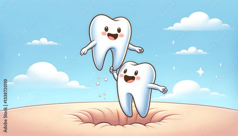 Fototapeta premium Cheerful cartoon teeth celebrating together against a bright blue sky, perfect for dental care promotions, children's health education, and dental hygiene materials.
