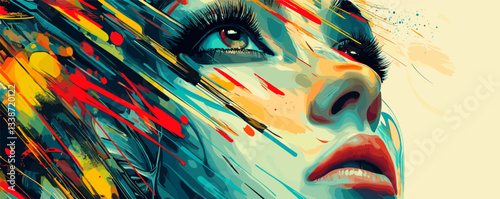Vibrant abstract portrait of woman with colorful brush strokes and intense gaze.