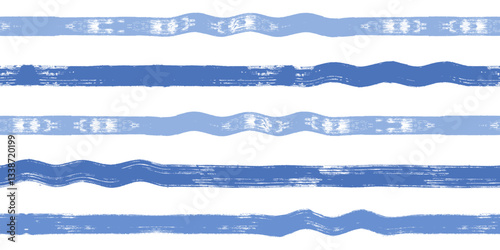 Wave stripes seamless pattern. Hand drawn wavy beach vector print, grunge paint lines with waves, blue watercolor background