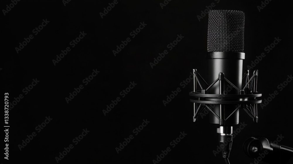 Professional Studio Condenser Microphone on Shock Mount Black Background Recording Equipment Professional Studio Condenser Microphone on Shock Mount Black Background Recording Equipment