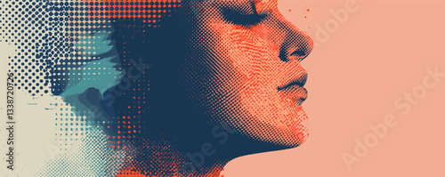 Abstract pop art female profile in halftone style with closed eyes and serene expression.