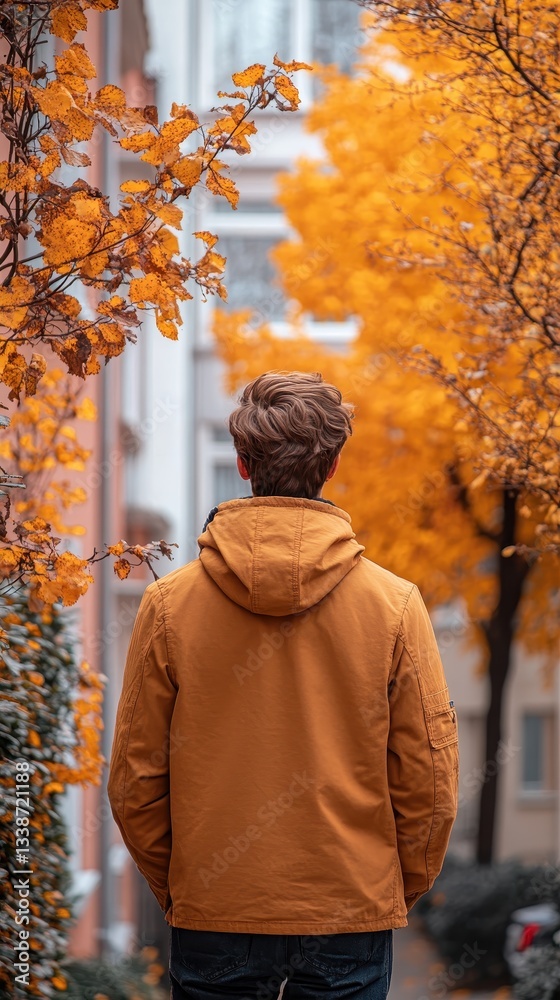 Back view of a person in a warm jacket walking down an autumn street with vibrant orange foliage and white buildings lining the background Back view of a person in a warm jacket walking down an autumn street with vibrant orange foliage and white buildings lining the background