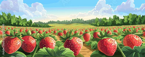 Abundant strawberry field on a sunny day with green foliage and blue sky.
