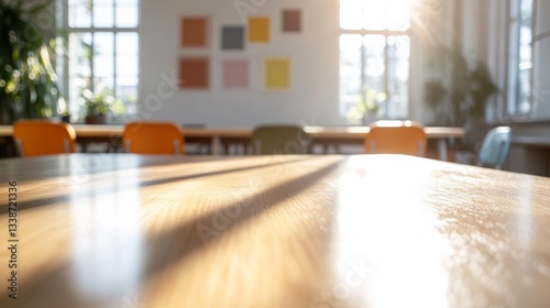 Bright sunlight illuminates a contemporary workspace filled with wooden tables and colorful wall decorations
