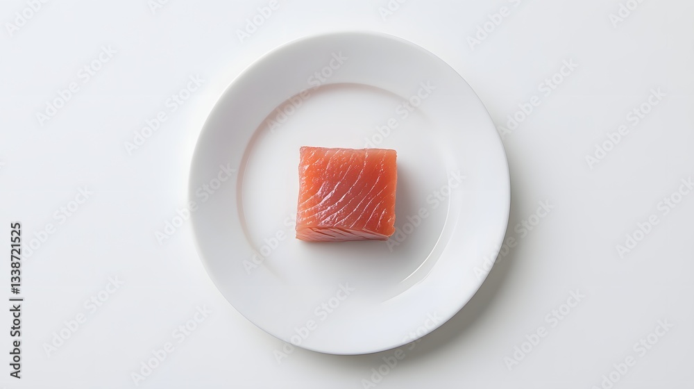 A single cube of raw tuna rests on a white plate