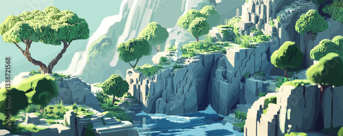 Lush green mountainside with trees and sunlight in stylized art.