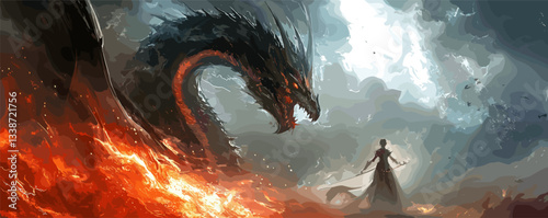 Epic battle scene of warrior facing majestic dragon amidst fiery landscape.