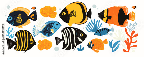 Colorful tropical fish in a vibrant underwater world with corals and plants.