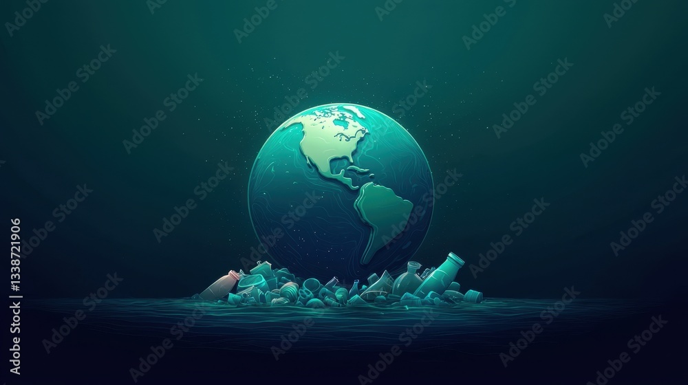 Fototapeta premium Global contamination and pollution concept showcasing Earth surrounded by plastic waste in ocean depths, highlighting environmental challenges and sustainability issues
