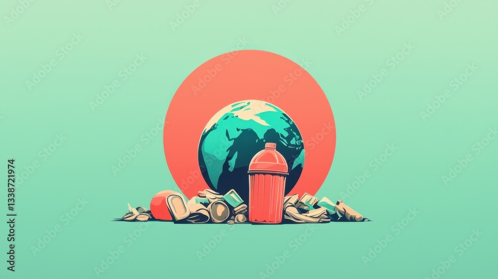 Fototapeta premium Vibrant Illustration of Earth Surrounded by Pollution and Waste, Highlighting Environmental Concerns and the Urgency for Sustainable Practices
