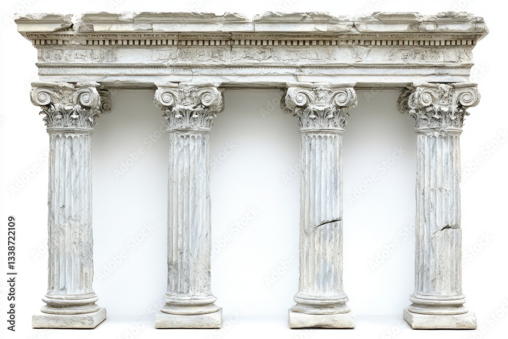 Obraz premium Ancient architectural marvel showcasing weathered stone columns and ornate frieze against a bright white background evoking timeless beauty
