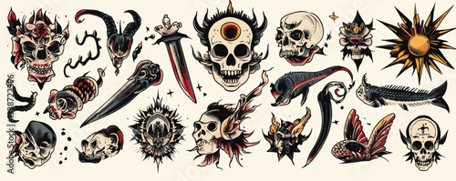 Collection of dark tattoo designs featuring skulls, daggers, and mythical creatures in bold colors.