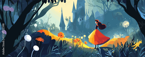 Woman in vibrant dress gazing at mystical castle in enchanted forest during twilight.