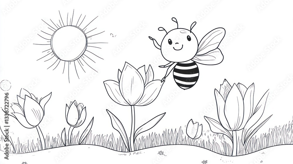 Naklejka premium Cute bee on flowers, sunny spring day, simple line art, coloring page