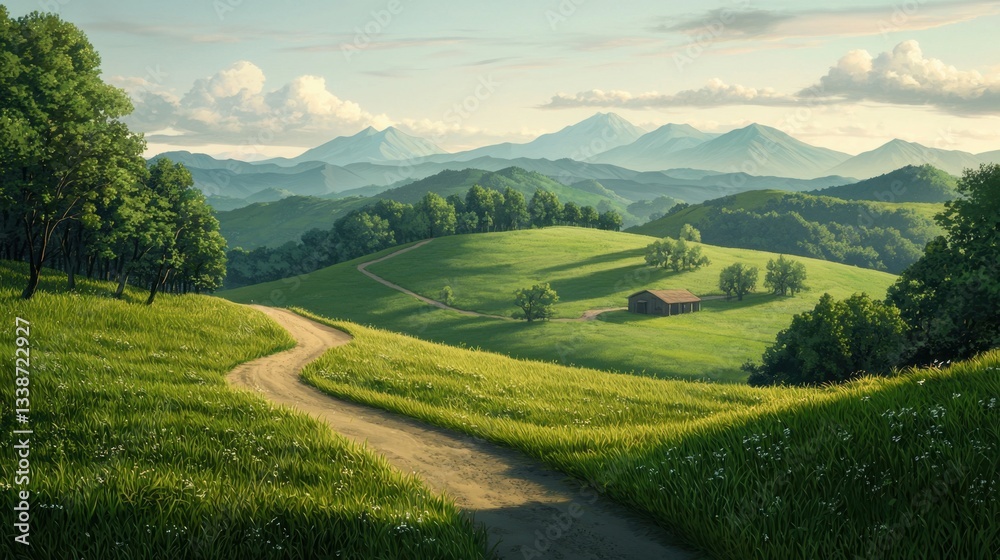 Fototapeta premium Scenic landscape of rolling hills under a clear blue sky with distant mountains and a serene dirt path leading towards a charming cabin in nature