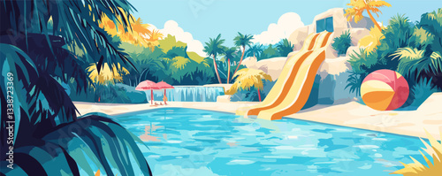 Tropical waterpark with pool, waterslide, and beach ball under vibrant sunlight.