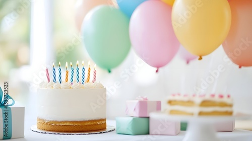 Vibrant and cheerful birthday setting with a delicious cake assortment of colorful balloons wrapped gifts and other festive arranged on a table in a cheerful celebratory atmosphere