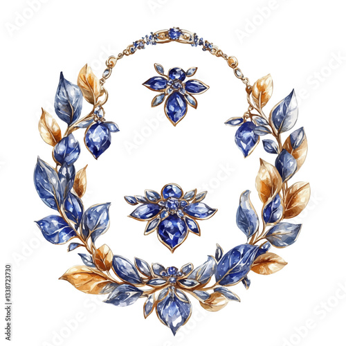 A watercolor vector painting of a luxury gold and sapphire jewelry set, isolated on a white background.

