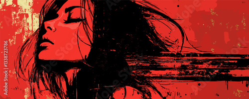 Dramatic artistic portrait of woman in bold red and black silhouette with flowing hair.