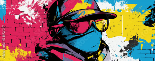 Vibrant urban art: masked figure graffiti on colorful brick wall.