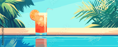 Refreshing tropical drink by a poolside with lush palm trees and clear blue sky.